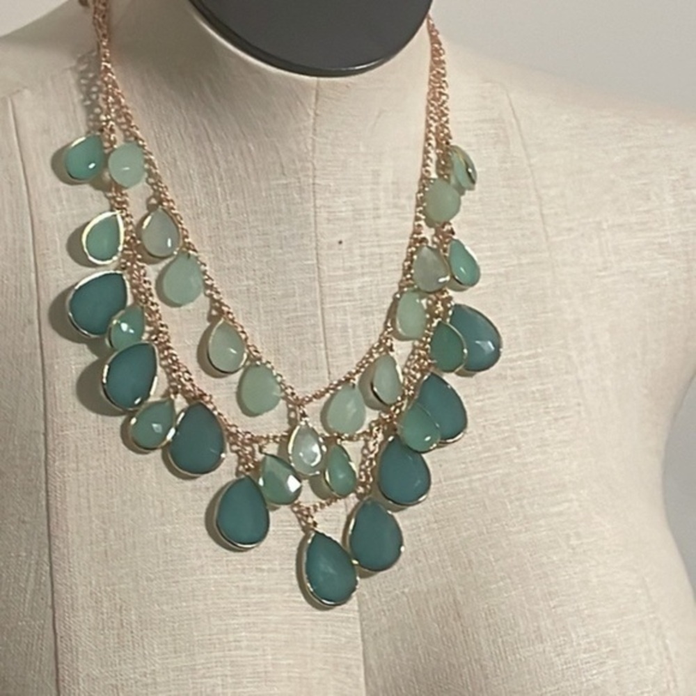 Massini necklace Turquoise Aqua 2-Tier Faceted Teardrop goldtone Statement New